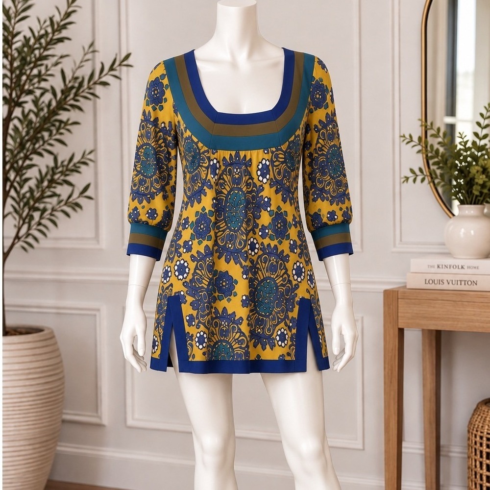 Free People Yellow Blue Medallion Print Tunic Mini Dress Boho Knit Small